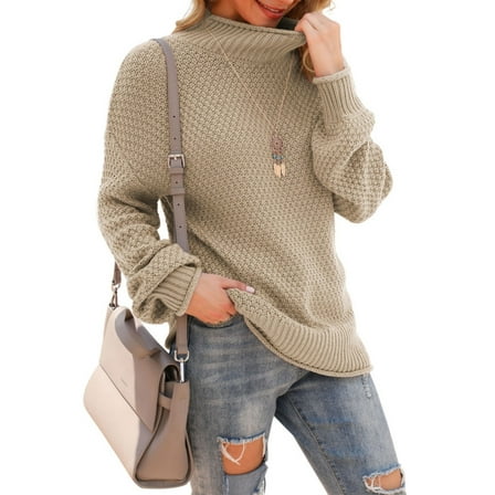 Asklazy Women's Turtleneck Oversized Sweaters Batwing Long Sleeve Pullover Loose Chunky Knit Jumper,Khaki