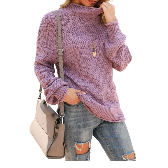 Asklazy Women's Turtleneck Oversized Sweaters Batwing Long Sleeve Pullover Loose Chunky Knit Jumper,Purple