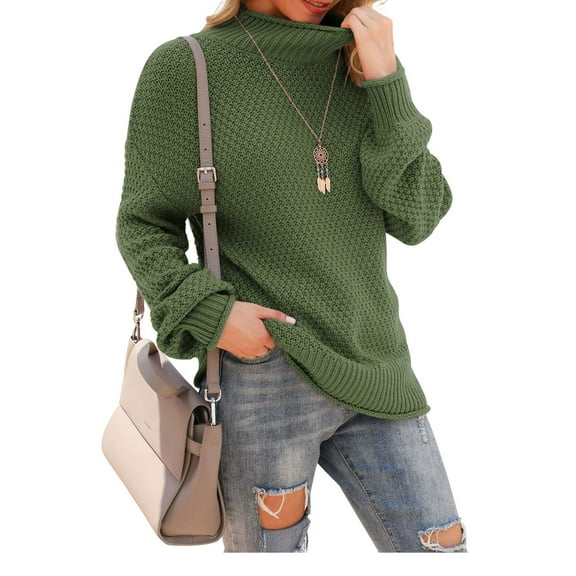 Asklazy Women's Turtleneck Oversized Sweaters Batwing Long Sleeve Pullover Loose Chunky Knit Jumper,Army Green
