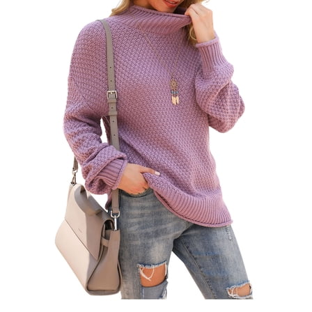 Asklazy Women's Turtleneck Oversized Sweaters Batwing Long Sleeve Pullover Loose Chunky Knit Jumper,Purple