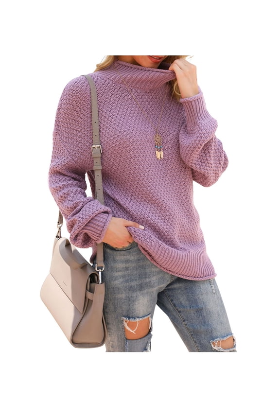 Women's Turtleneck Oversized Sweaters Batwing Long Sleeve Pullover Loose Chunky Knit Jumper,Purple
