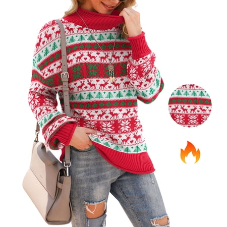 Asklazy Women's Turtleneck Oversized Sweaters Batwing Long Sleeve Pullover Loose Chunky Knit Jumper,Red Green Christmas Trees