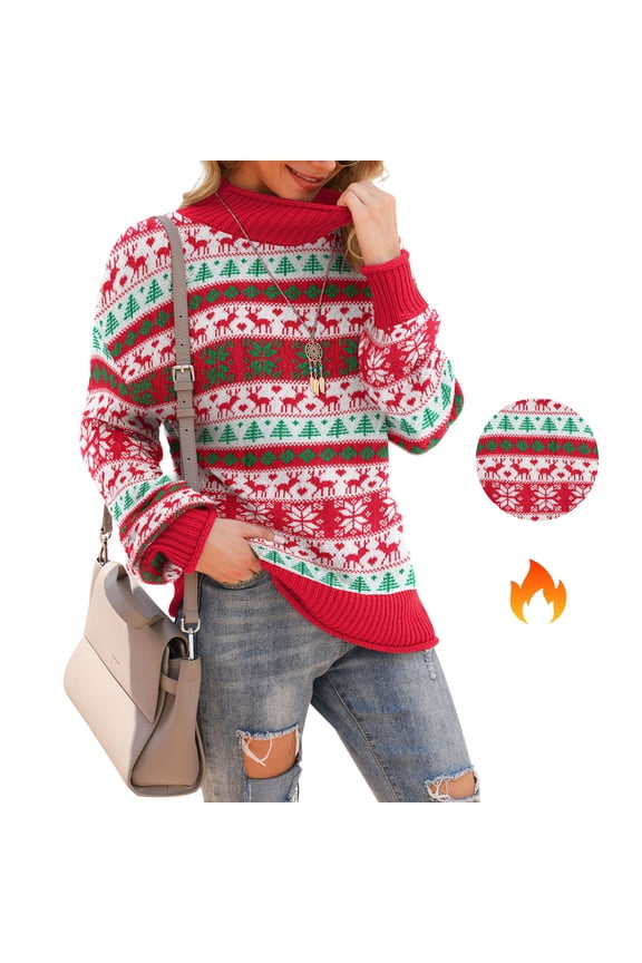 Women's Turtleneck Oversized Sweaters Batwing Long Sleeve Pullover Loose Chunky Knit Jumper,Red Green Christmas Trees