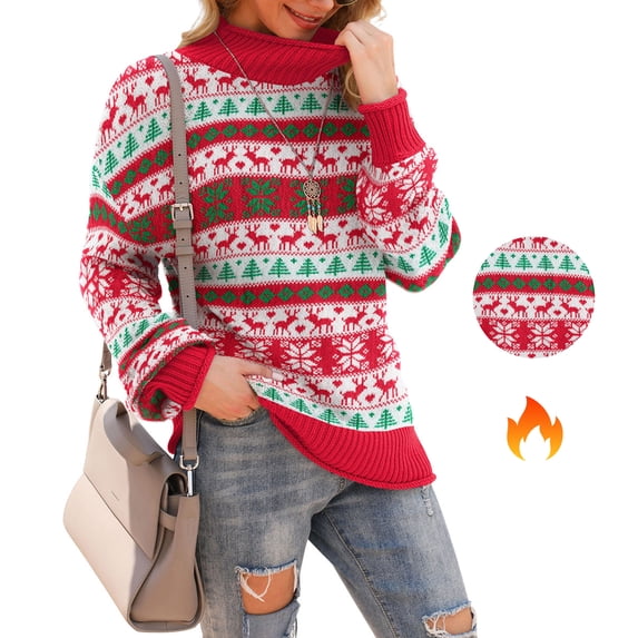 Asklazy Women's Turtleneck Oversized Sweaters Batwing Long Sleeve Pullover Loose Chunky Knit Jumper,Red Green Christmas Trees