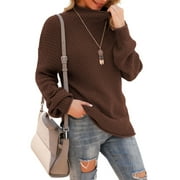 ASKLAZY Women's Turtleneck Oversized Sweaters Batwing Long Sleeve Pullover Loose Chunky Knit Jumper,Brown(S-2XL)