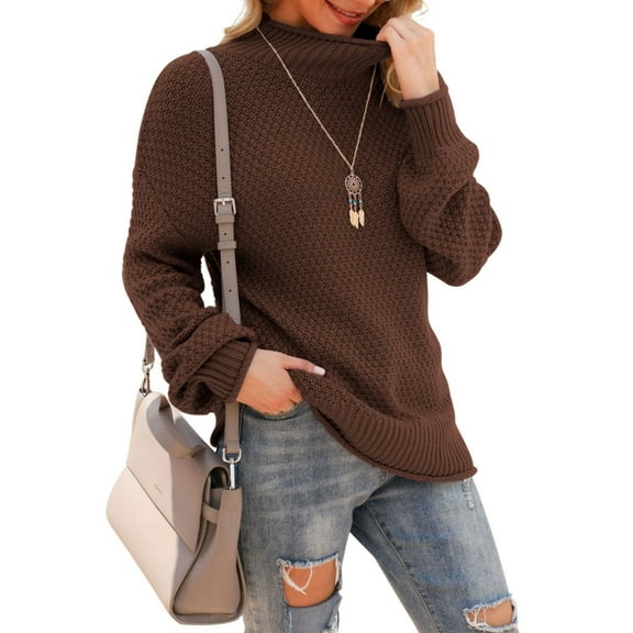 Asklazy Women's Turtleneck Oversized Sweaters Batwing Long Sleeve Pullover Loose Chunky Knit Jumper,Brown(S-2XL)