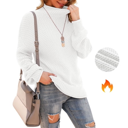 Asklazy Women's Turtleneck Oversized Sweaters Batwing Long Sleeve Pullover Loose Chunky Knit Jumper,White