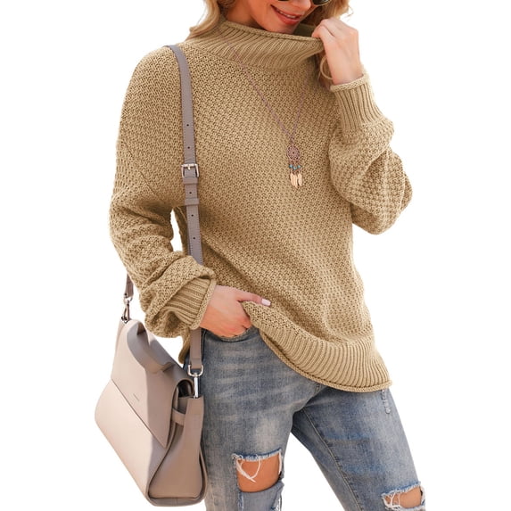 Asklazy Women's Turtleneck Oversized Sweaters Batwing Long Sleeve Pullover Loose Chunky Knit Jumper,Khaki,XL