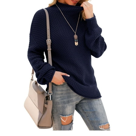 Asklazy Women's Turtleneck Oversized Sweaters Batwing Long Sleeve Pullover Loose Chunky Knit Jumper,Navy Blue