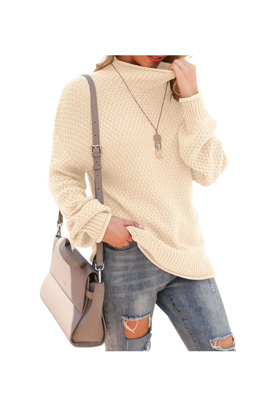 Women's Turtleneck Oversized Sweaters Batwing Long Sleeve Pullover Loose Chunky Knit Jumper,Beige