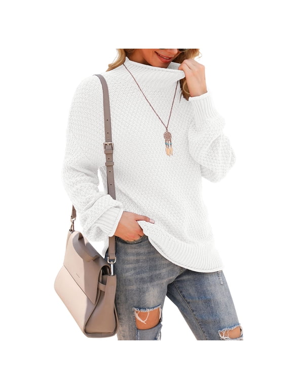 Women's Turtleneck Oversized Sweaters Batwing Long Sleeve Pullover Loose Chunky Knit Jumper,White,L