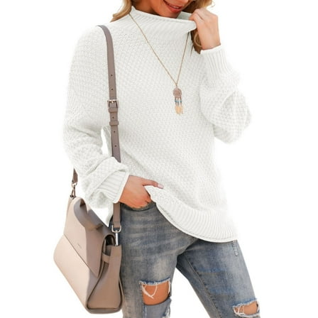 Asklazy Women's Turtleneck Oversized Sweaters Batwing Long Sleeve Pullover Loose Chunky Knit Jumper,White