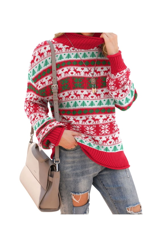 Women's Turtleneck Oversized Sweaters Batwing Long Sleeve Pullover Loose Chunky Knit Jumper,Red Green Christmas Trees