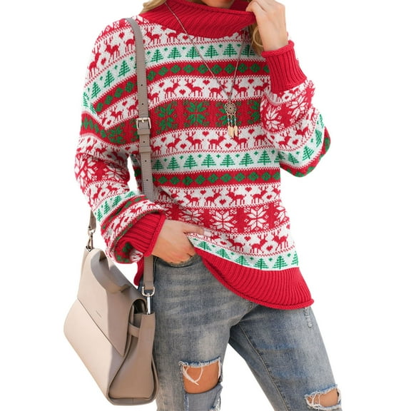 Asklazy Women's Turtleneck Oversized Sweaters Batwing Long Sleeve Pullover Loose Chunky Knit Jumper,Red Green Christmas Trees