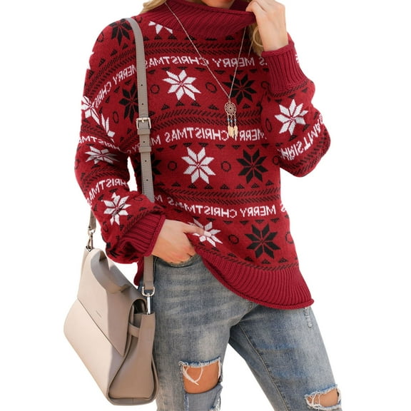 Asklazy Women's Turtleneck Oversized Sweaters Batwing Long Sleeve Pullover Loose Chunky Knit Jumper,Red Snowflake Christmas
