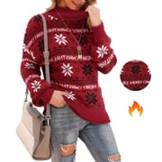 Asklazy Women's Turtleneck Oversized Sweaters Batwing Long Sleeve Pullover Loose Chunky Knit Jumper,Red Snowflake Christmas,M