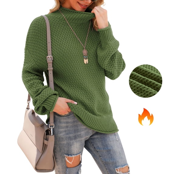 Asklazy Women's Turtleneck Oversized Sweaters Batwing Long Sleeve Pullover Loose Chunky Knit Jumper,Army Green