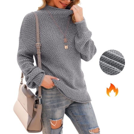 Asklazy Women's Turtleneck Oversized Sweaters Batwing Long Sleeve Pullover Loose Chunky Knit Jumper,Gray