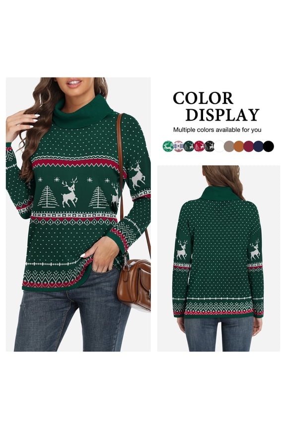 Women's Turtleneck Sweater Long Sleeve Cozy Warm Casual Lightweight Soft Pullover Jumper Tops,US Size,Christmas Elk Green,L