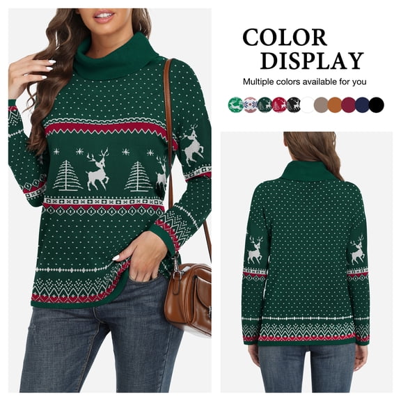 Asklazy Women's Turtleneck Sweater Long Sleeve Cozy Warm Casual Lightweight Soft Pullover Jumper Tops,US Size,Christmas Elk Green,S