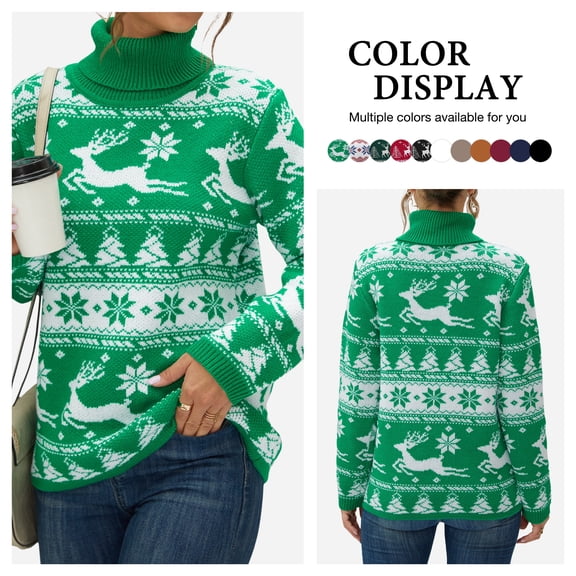 Asklazy Women's Turtleneck Sweater Long Sleeve Cozy Warm Casual Lightweight Soft Pullover Jumper Tops,US Size,Christmas Snowflake Green,M
