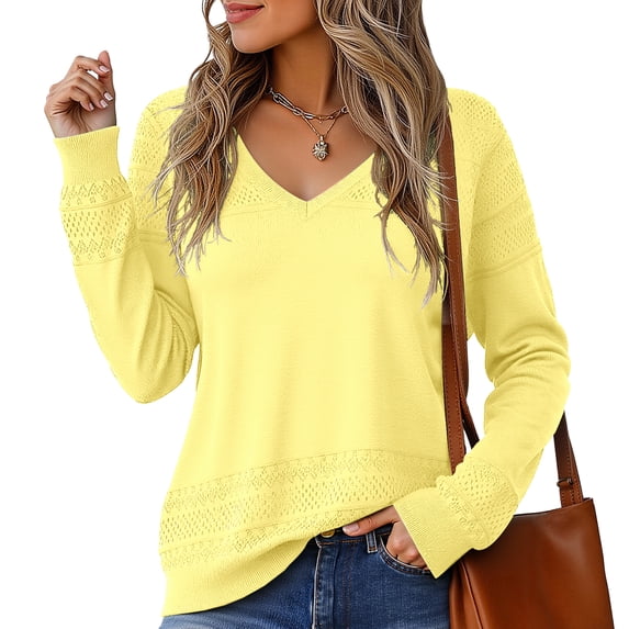 Asklazy Women's V Neck Sweaters Fall Long Sleeve Crochet Knit Casual Pullover Jumper Tops,Yellow,L