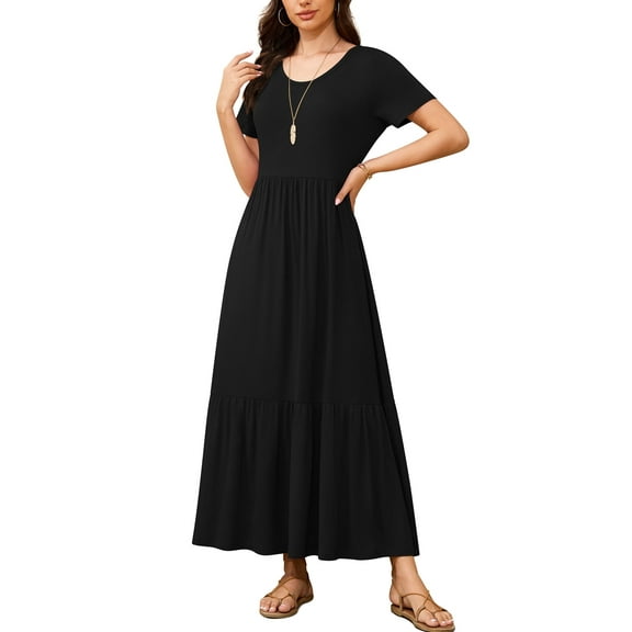 Asklazy Women's Wrap Crew Neck Short Sleeve Maxi Dress With Pockets,US Size,Black,L