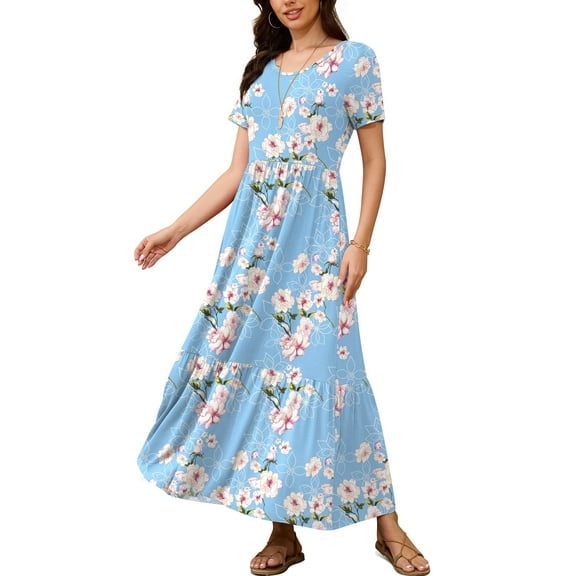 Asklazy Women's Wrap Crew Neck Short Sleeve Maxi Dress With Pockets,US Size,Floral Light Blue,L
