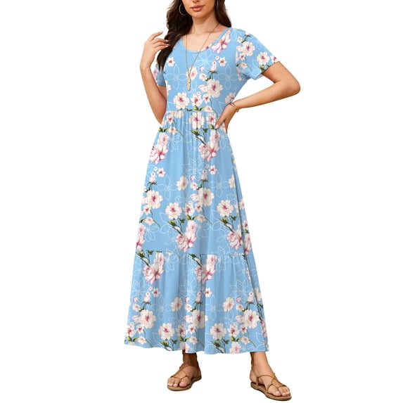 AskLazy Women's Summer Mix Casual Short Sleeve Crew Neck Loose Tiered Long Dress With Pockets,US Size,Floral Light Blue,S