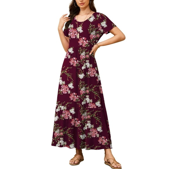 Asklazy Women's Wrap Crew Neck Short Sleeve Maxi Dress With Pockets,US Size,Floral Wine Red,2XL