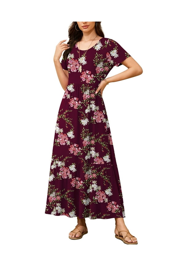 Women's Maxi Dress Wrap Crew Neck Short Sleeve With Pockets,Floral Wine Red,M