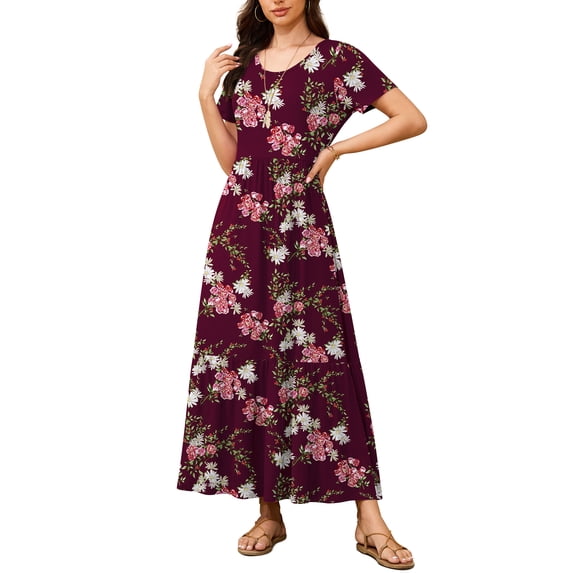 AskLazy Women's Summer Mix Casual Short Sleeve Crew Neck Loose Tiered Long Dress With Pockets,US Size,Floral Wine Red,S