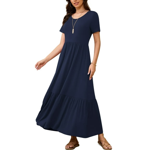 Asklazy Women's Wrap Crew Neck Short Sleeve Maxi Dress With Pockets,US Size,Navy Blue,2XL