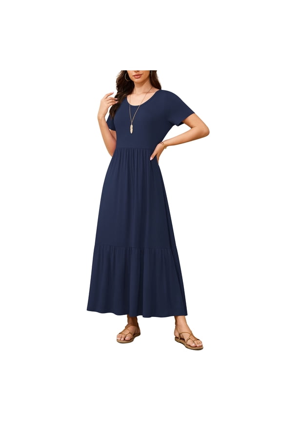 Women's Summer Mix Casual Short Sleeve Crew Neck Loose Tiered Long Dress With Pockets,US Size,Navy Blue,2XL