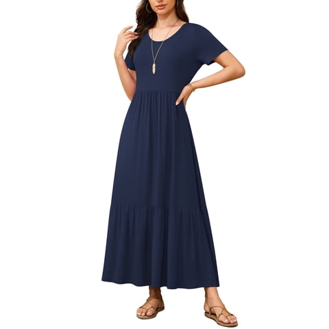 Women's Summer Mix Casual Short Sleeve Crew Neck Loose Tiered Long Dress With Pockets,US Size,Navy Blue,L