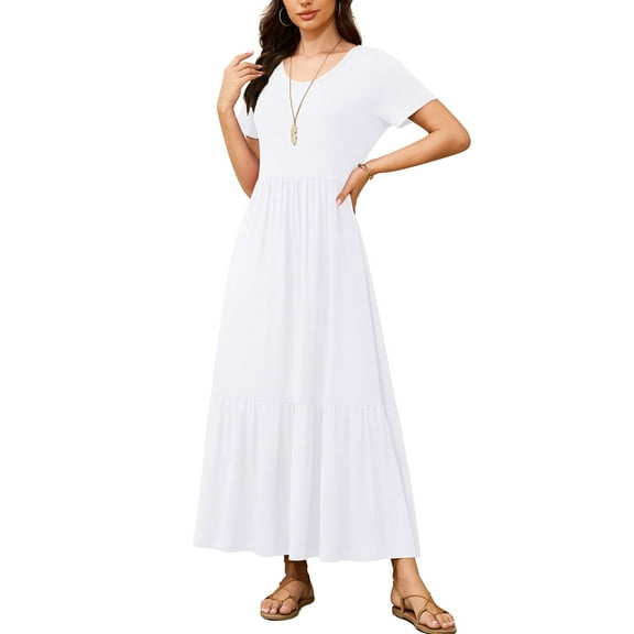 Asklazy Women's Wrap Crew Neck Short Sleeve Maxi Dress With Pockets,US Size,White,L