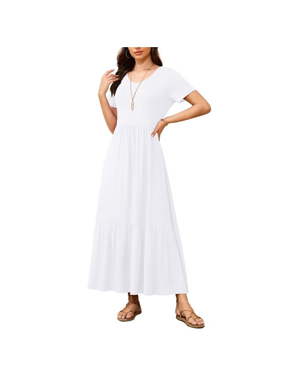 Women's Summer Mix Casual Short Sleeve Crew Neck Loose Tiered Long Dress With Pockets,US Size,White,L