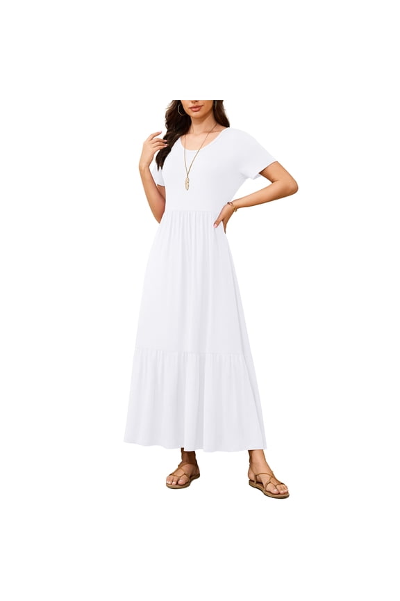Women's Summer Mix Casual Short Sleeve Crew Neck Loose Tiered Long Dress With Pockets,US Size,White,L