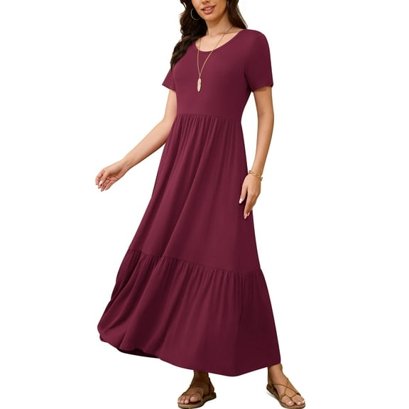Asklazy Women's Wrap Crew Neck Short Sleeve Maxi Dress With Pockets,US Size,Wine Red,XL