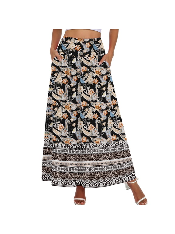 Womens Boho Long Maxi Skirt A-Line Long Skirt with Pockets Elastic High Waist,GARDEN FLORALS,3XL