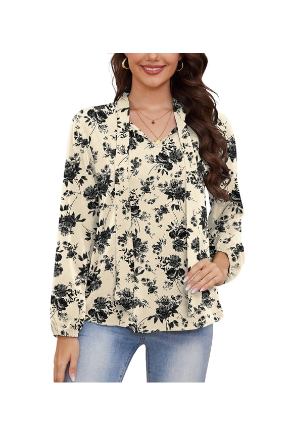 Womens Dressy Chiffon Blouse Business Work Casual Tie Neck Shirt Tops,US Size,2XL,Floral White
