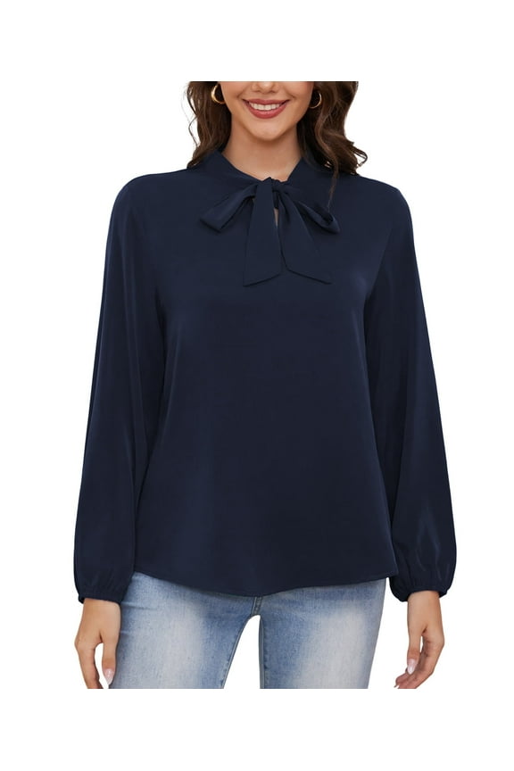 Womens Dressy Chiffon Blouse Business Work Casual Tie Neck Shirt Tops,US Size,2XL,Navy Blue
