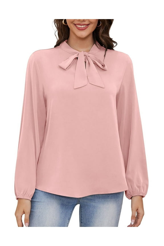 Womens Dressy Chiffon Blouse Business Work Casual Tie Neck Shirt Tops,US Size,2XL,Pink