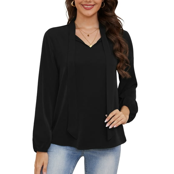 Asklazy Womens Dressy Chiffon Blouse Business Work Casual Tie Neck Shirt Tops,US Size,L,Black