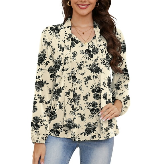 Asklazy Womens Dressy Chiffon Blouse Business Work Casual Tie Neck Shirt Tops,US Size,L,Floral White