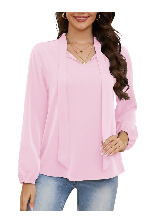 Womens Dressy Chiffon Blouse Business Work Casual Tie Neck Shirt Tops,US Size,L,Light Pink