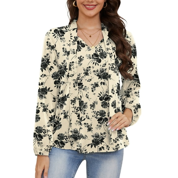 Asklazy Womens Dressy Chiffon Blouse Business Work Casual Tie Neck Shirt Tops,US Size,M,Floral White