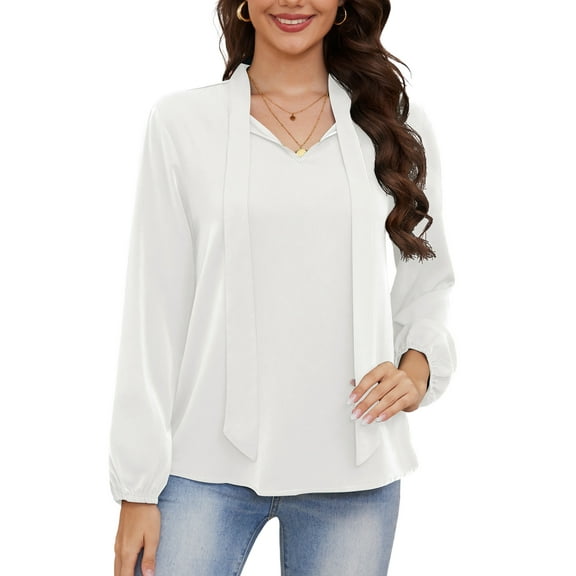 Asklazy Womens Dressy Chiffon Blouse Business Work Casual Tie Neck Shirt Tops,US Size,M,White