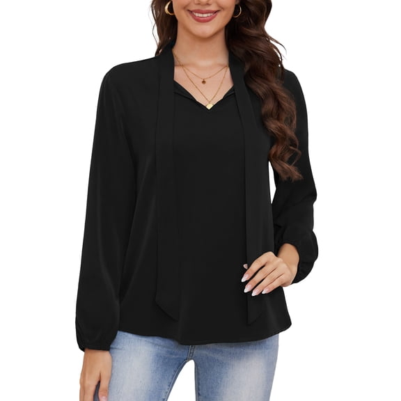Asklazy Womens Dressy Chiffon Blouse Business Work Casual Tie Neck Shirt Tops,US Size,S,Black