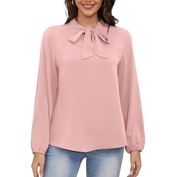 Asklazy Womens Dressy Chiffon Blouse Business Work Casual Tie Neck Shirt Tops,US Size,S,Pink